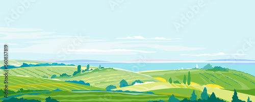 Big panorama of agricultural fields, hills and meadows near the sea coast, summer countryside with green hills, rural landscape, agricultural land with crops and vineyards, travel concept illustration