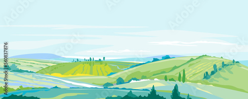 Big panorama of agricultural fields and hills, meadows with stalks on light blue sky, summer countryside with green hills, rural landscape, agricultural land with crops and vineyards, travel concept