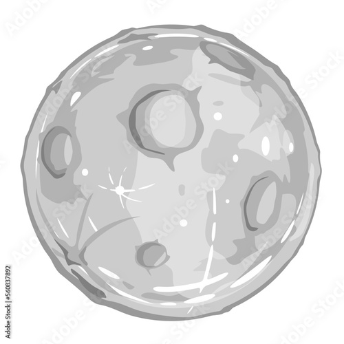 Full moon cartoon with big craters in gray lights, isolated