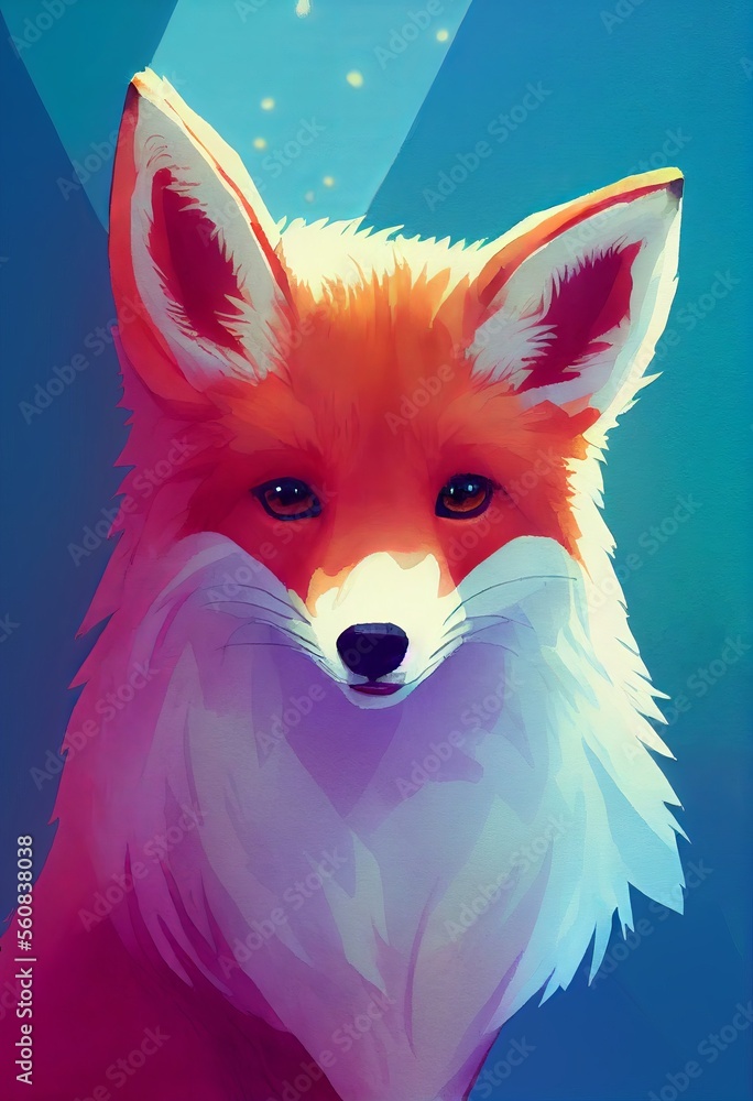 Fototapeta premium Funny adorable portrait headshot of cute fox. North American land animal standing facing front. Looking to camera. Watercolor imitation illustration. AI generated vertical artistic poster.