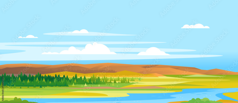 Panorana of spruce forest summer landscape background near the river in simple geometric form, wildlife panorama of nature with river in summer day with blue sky, hills and forest far away