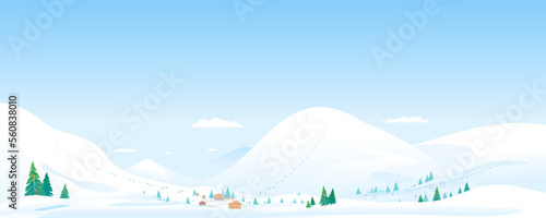 Mountain ski resort winter landscape panorama with cottages and funiculars, beautiful winter day on snowy hills, place for winter recreation, skiing, snowboarding in fresh mountain air on winter