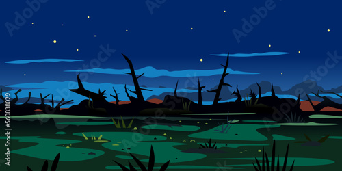 Dark swamp game background landscape, tileable horizontally, dead trees in fog with stones and plants, terrible mystical place