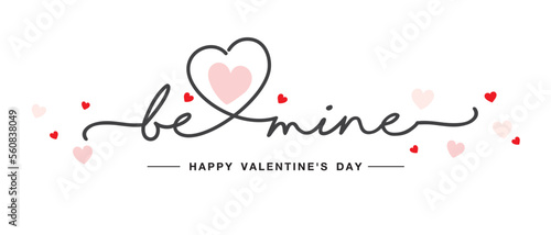 Be mine Valentine Happy Valentine's Day beautiful new handwritten calligraphy typography lettering line design heart with pink red hearts in background. Minimal line design contour Art