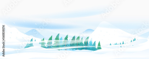 Snow blizzard in winter mountain, extreme weather conditions with cold wind and snow, spruce forest trees inclined from snowstorm, winter nature landscape panorama with spruce-trees