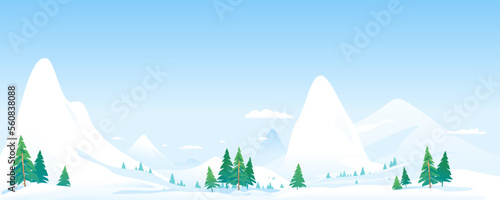 Winter nature landscape panorama with spruce-trees near the snowy mountains, beautiful winter day on snowy hills, place for walk in fresh mountain air on winter day