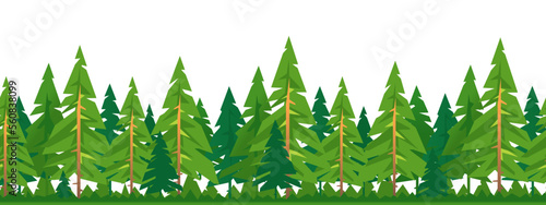 Spruce forest on white background in simple geometric form tileable horizontally, green triangular spruce with truncated branches in simple colors stylization