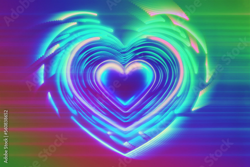 Abstract retro futuristic cyberpunk glowing 3d heart on rainbow neon holographic background. Blue purple pink green retrowave poster, interlaced, digital distorted glitch effect.