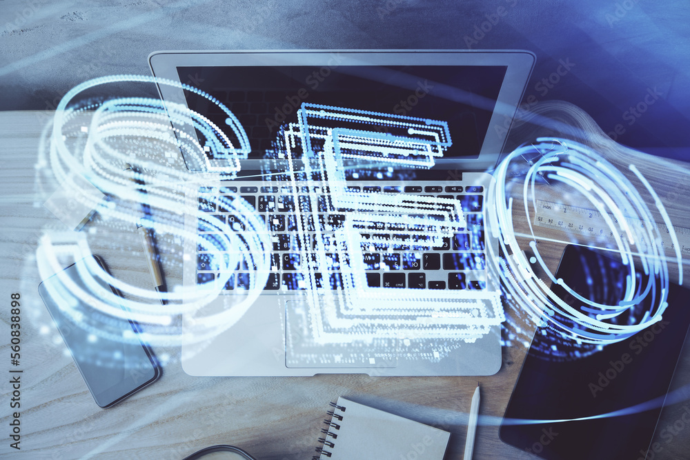 Multi exposure of table with computer and seo drawing hologram. Search optimization concept. Multi exposure of table with computer and seo drawing hologram. Search optimization concept.