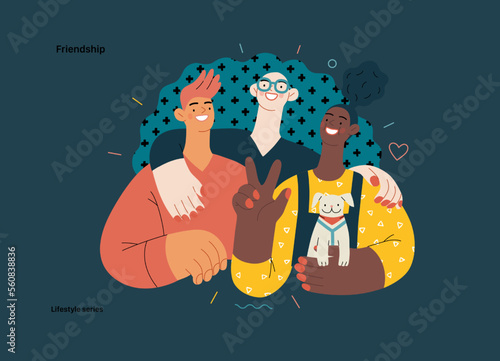 Lifestyle series - Friendship - modern flat vector illustration of a happy young man and women embracing and posing together. People activities concept
