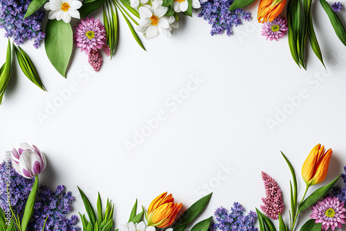 Spring flowers flat lay design  copyspace. Generative AI