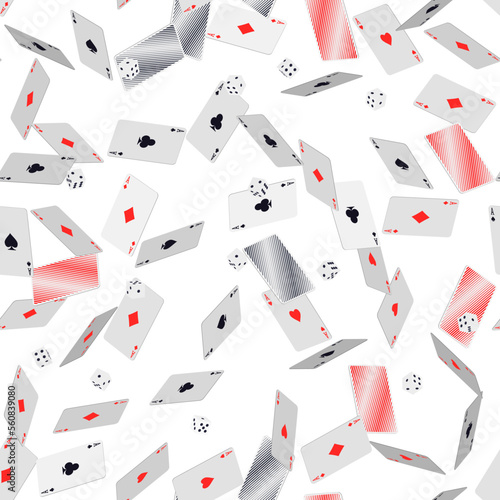 Falling playing cards and dice cubes on white. Seamless pattern with falling playing cards with symbols of diamonds, clubs, hearts, spades and isometric white play dice cubes with black dot. Vector