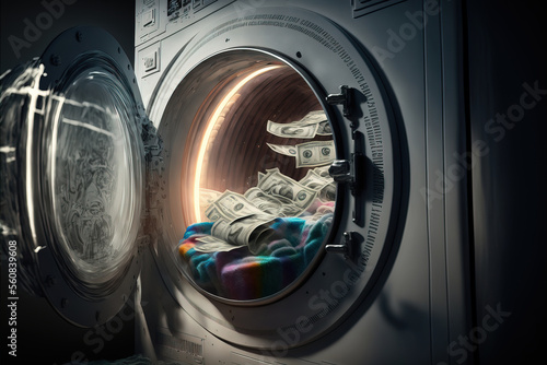 Money laundry image of USA American dollar bills inside a washing machine, copy space, generative AI © J S