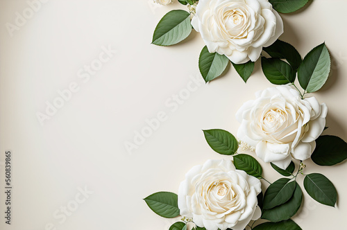 White roses flay lay design, copyspace. Generative AI