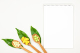 Blank notepad and wooden spoons with herbal pills and green leaves on white background