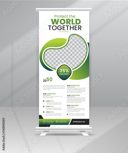 Protect the World, Save the Environment, Make World Green Nature Roll-Up Banner Layout, Pull up standee display Green Accents with photo Space