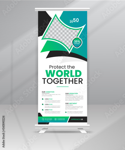 Protect the World, Save the Environment, Make World Green Nature Roll-Up Banner Layout, Pull up standee display Green Accents with photo Space