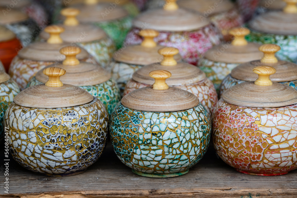 Ceramic products are sold at souvenir shops in the traditional vietnamese pottery village in Danang, Vietnam. Closeup