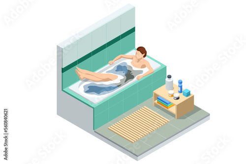 Isometric woman taking bath full of soap foam. Body hygiene, relaxing. Girl relaxing in bathtub