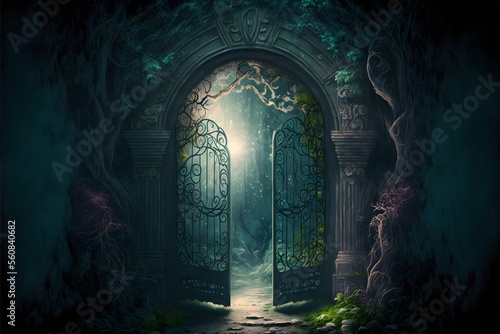 Portal to other world , fantasy theme illustration of the door that open path way to a different world , the unknown place.