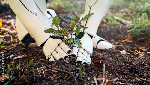 Close up of robot android planting tree seedling in ground in forest. Futuritic anti deforestation concept. Technology and environment concept. Humanoid in wood. Saving planet with technology. photo