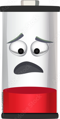 Low charge level battery with sad face. Cartoon mascot