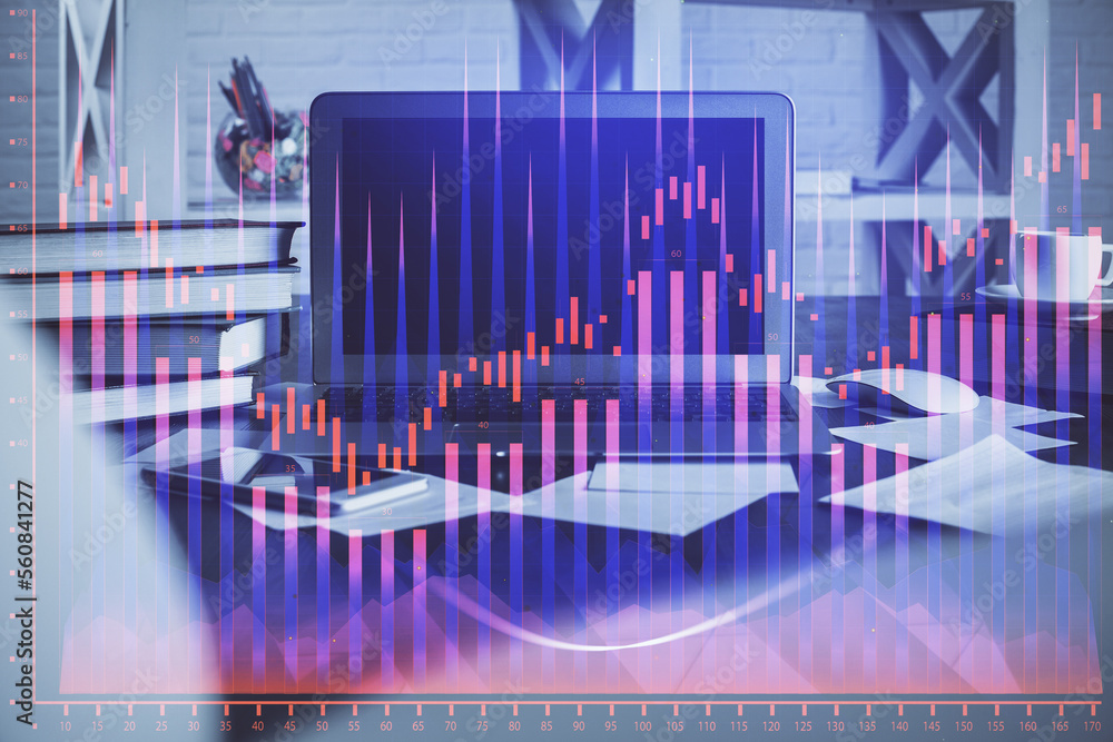 Financial graph colorful drawing and table with computer on background. Double exposure. Concept of international markets. Financial graph colorful drawing and table with computer on background. Double exposure. Concept of international markets.