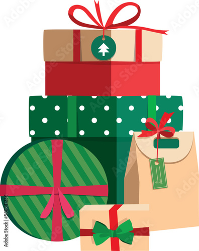 Christmas gifts pile. Winter holidays wrapped presents
