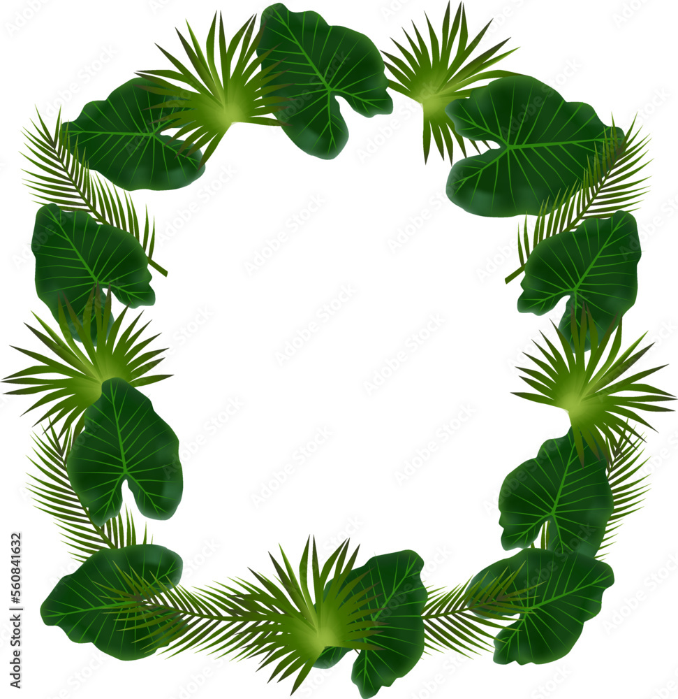 Fototapeta premium Tropical leaves frame. Green exotic plants square border