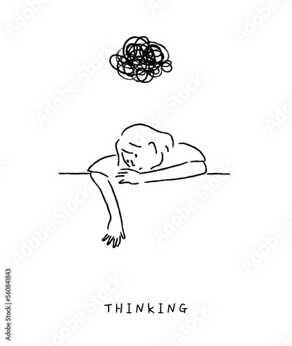 Thinking woman sitting pensive contemplating looking skeptic. Exhausted young woman sitting with her head down on a desk, being frustrated and stressed by a difficult problem. Hand drawn style.