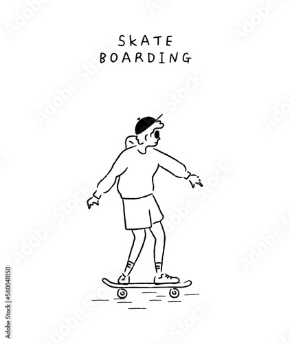 Man playing a skateboarding. Street skateboarding. Linear, character, cartoon, outline, thin art line, sketch. Simple line art. Trendy vector illustration. Hand drawn style.