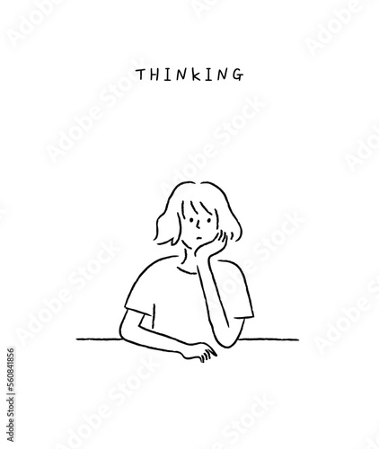 Thinking woman sitting pensive contemplating looking skeptic. Holds chin, Purses lips with clueless expressions, Doubts what to choose. Simple line art. Trendy vector illustration. Hand drawn style.