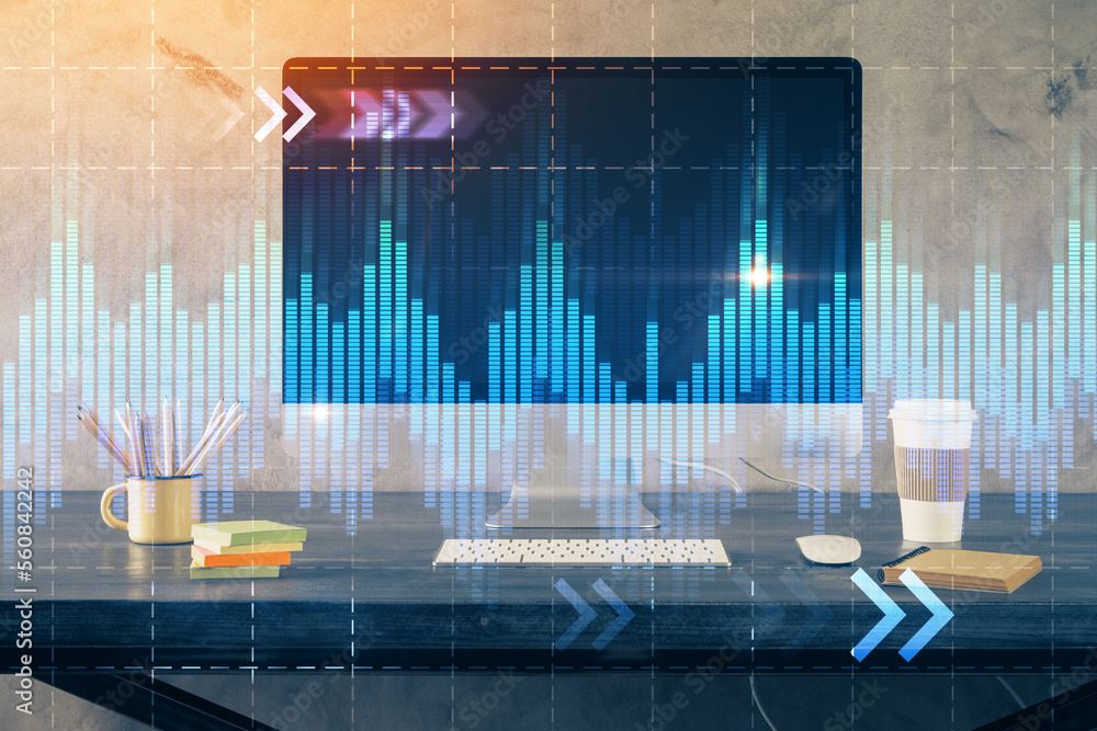 Financial graph colorful drawing and table with computer on background. Double exposure. Concept of international markets. Financial graph colorful drawing and table with computer on background. Double exposure. Concept of international markets.