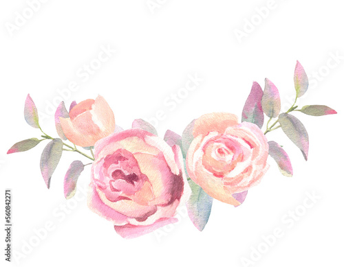 Blush Peach Watercolor Floral Arrangement roses and eucalyptus branches, isolated on white background. For the design and decoration of wedding and greeting printing, cards.