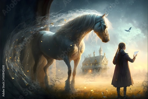 Mystical horse with a girl in the enchanted land.