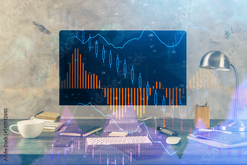 Financial graph colorful drawing and table with computer on background. Double exposure. Concept of international markets.
