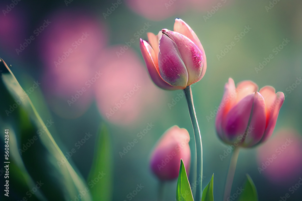 Fototapeta premium Natural spring light Pink tulips on green. Illustration Generative AI