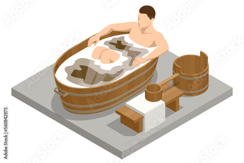 Isometric man taking bath full of soap foam. Body hygiene, relaxing. Male relaxing in bathtub. Bathroom interior.