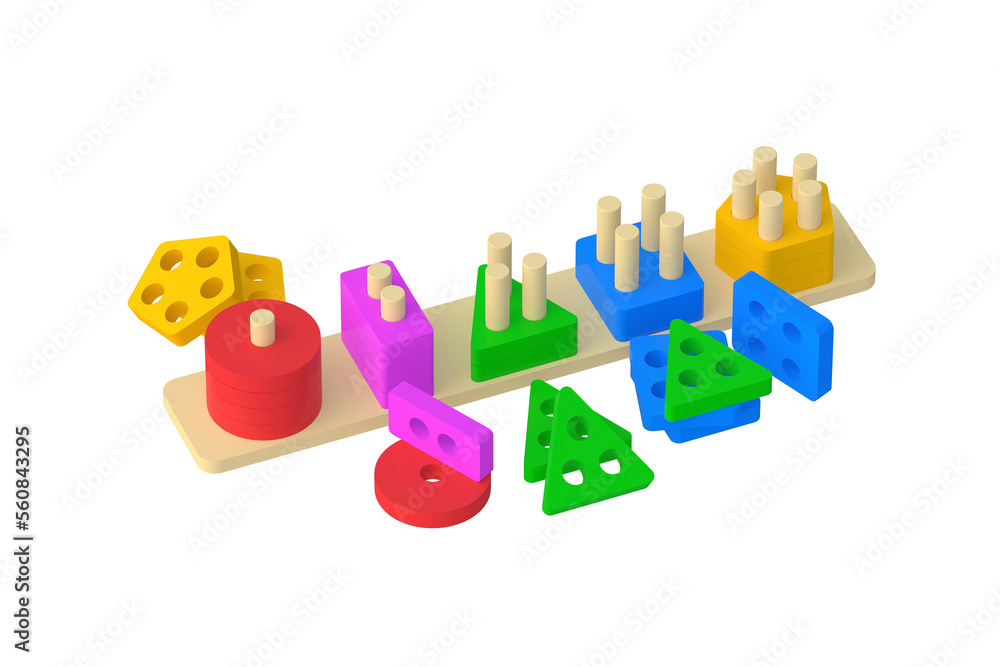 Obraz premium Sorter with geometrical figures for preschool education isolated on white background. Educational logic toys. Montessori games