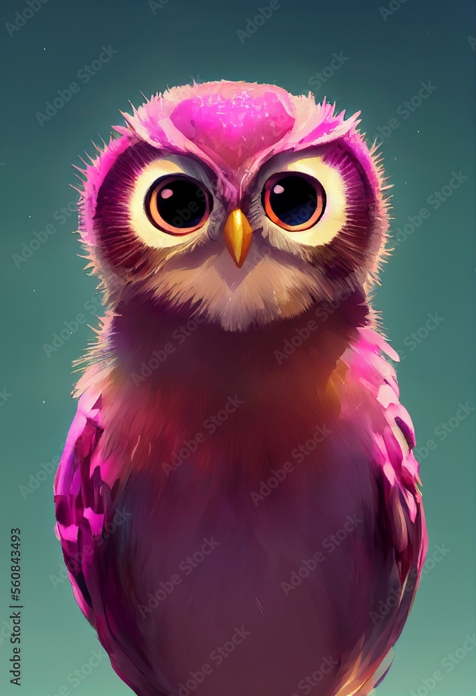Naklejka premium Funny adorable portrait headshot of cute owl bird. North American flying animal standing facing front. Looking to camera. Watercolor imitation illustration. AI generated vertical artistic poster.
