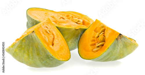 Cut pumpkin isolated on white background.