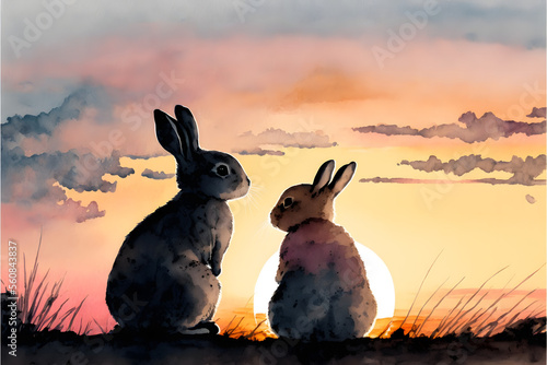 Rabbits Gazing at the Sunset: A Watercolor Masterpiece,, Lunar New Year, Year of the Rabbit, Generative AI