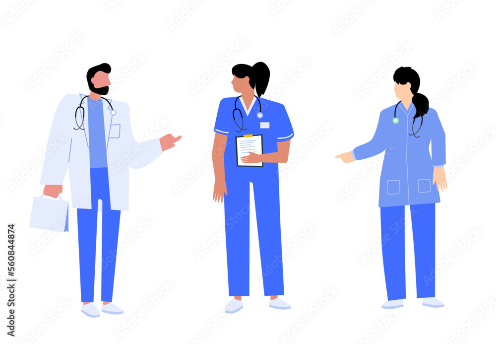 Doctor and nurse vector illustration set. Group of medical professionals in discussion. Doctor and nurse vector illustration set. Group of medical professionals in discussion.