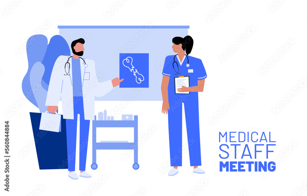 Doctor meeting concept. Vector illustration. Teamworking inside a group of medical professionals. Group of medical workers in conversation in hospital environment. Team brainstorming and discussion. Doctor meeting concept. Vector illustration. Teamworking inside a group of medical professionals. Group of medical workers in conversation in hospital environment. Team brainstorming and discussion.