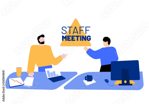 Work meeting concept. Vector illustration. Teamworking inside a group. Group of office workers in conversation in office environment. Team brainstorming and discussion. 