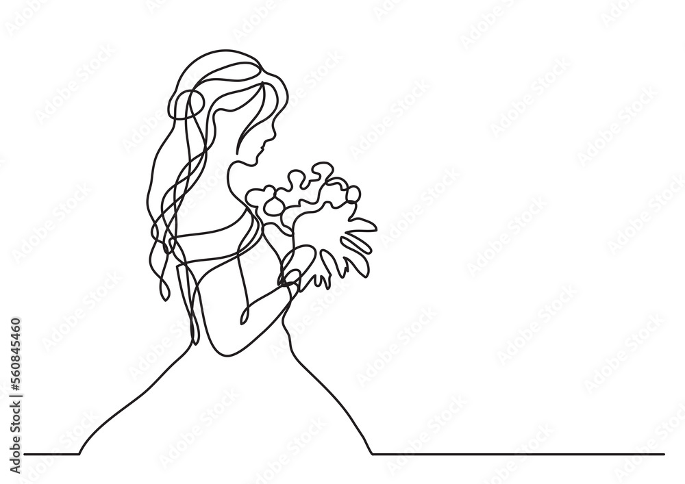 continuous line drawing bride holding bouquet - PNG image with transparent background