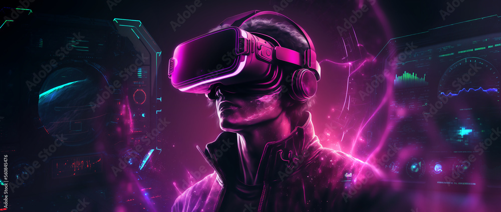AI Cool man with VR headset and technology HUD Games and entertainment AI Cool man with VR headset and technology HUD Games and entertainment