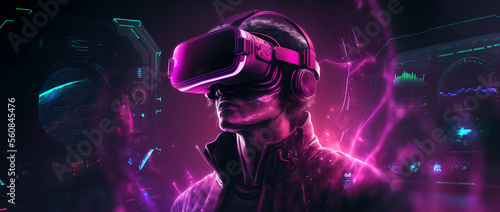 AI Cool man with VR headset and technology HUD Games and entertainment of the digital technology metaverse of the future, a young creative man wearing a virtual reality headset, Generative AI 