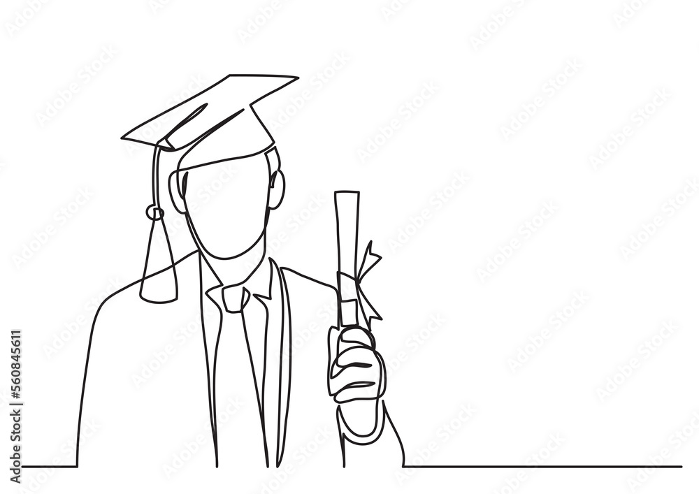 continuous line drawing happy graduate with diploma - PNG image with transparent background - obrazy, fototapety, plakaty 