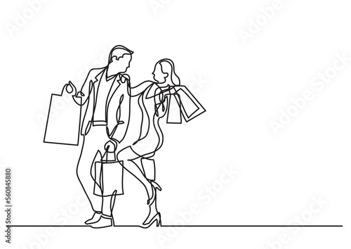 continuous line drawing man woman shopping with bags - PNG image with transparent background